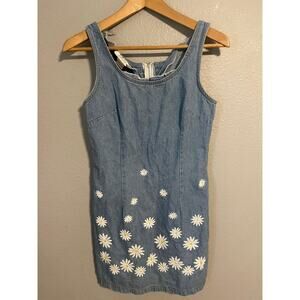 Liebe Dress Womens Small Blue Denim Sleeveless Daisy Floral Embroidered USA 90s